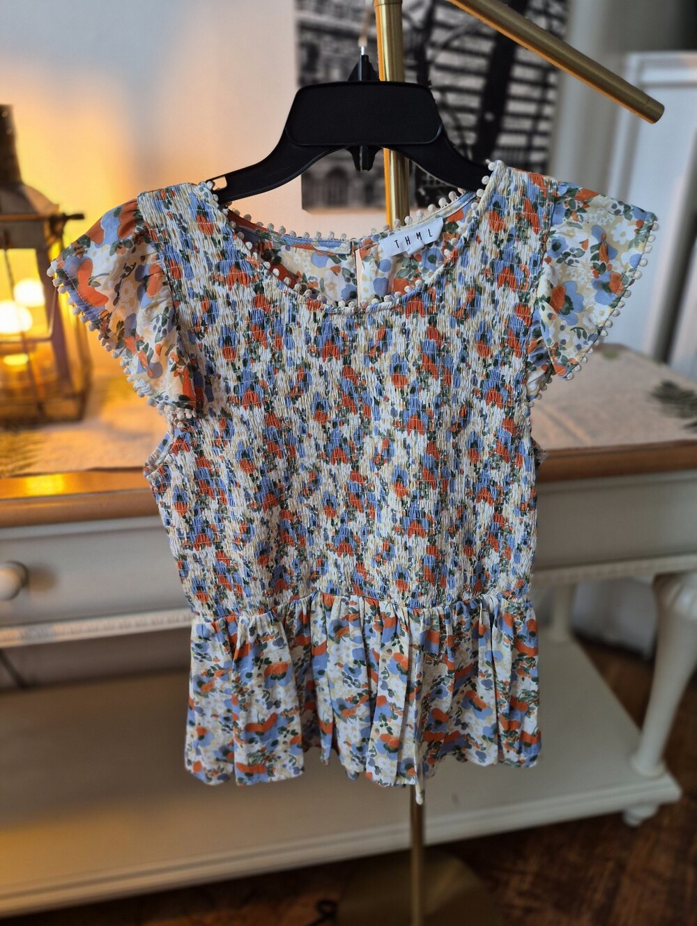 Smocked Floral Peplum Top in White, Orange & Blue, Size M